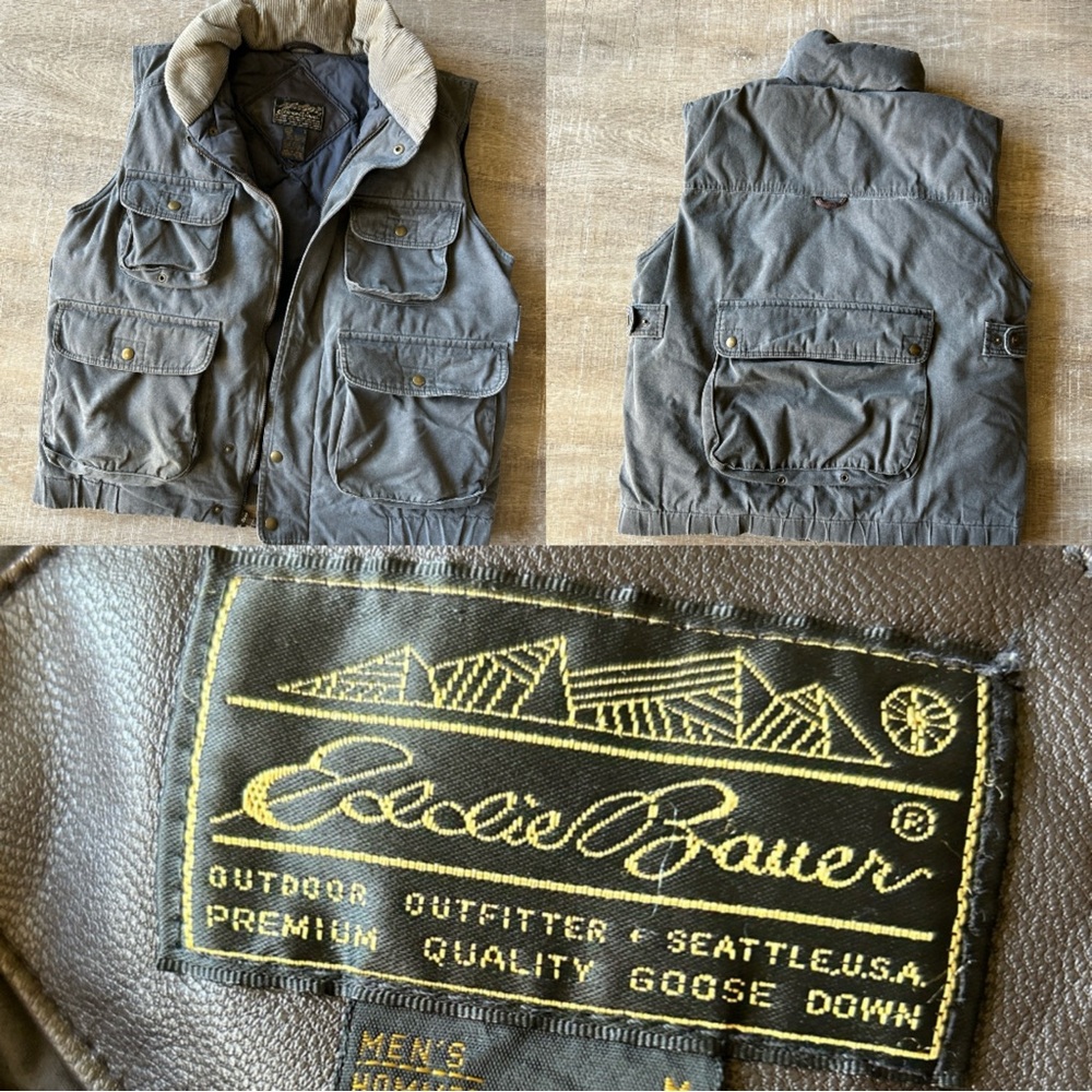 Eddie Bauer Men’s Goose Down Puffer Cargo Safari Vest M Outdoor Heavy Canvas - Picture 16 of 16